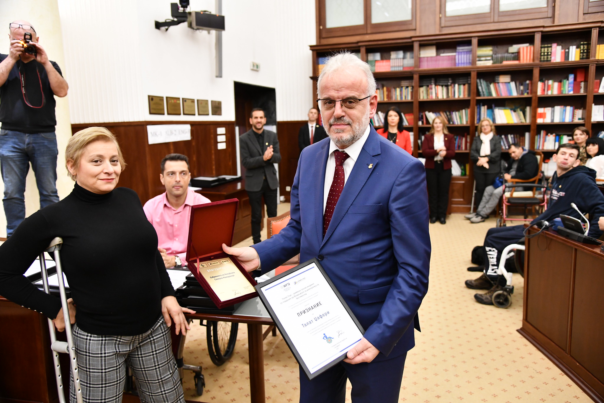 President of the Parliament of North Macedonia, Mr. Talat Xhaferi, meeting with WFD representatives and representatives from PWD organizations in the country at a ceremony to mark the occasion of the adoption of the first Declaration on Active Political Participation of Persons with Disabilities.