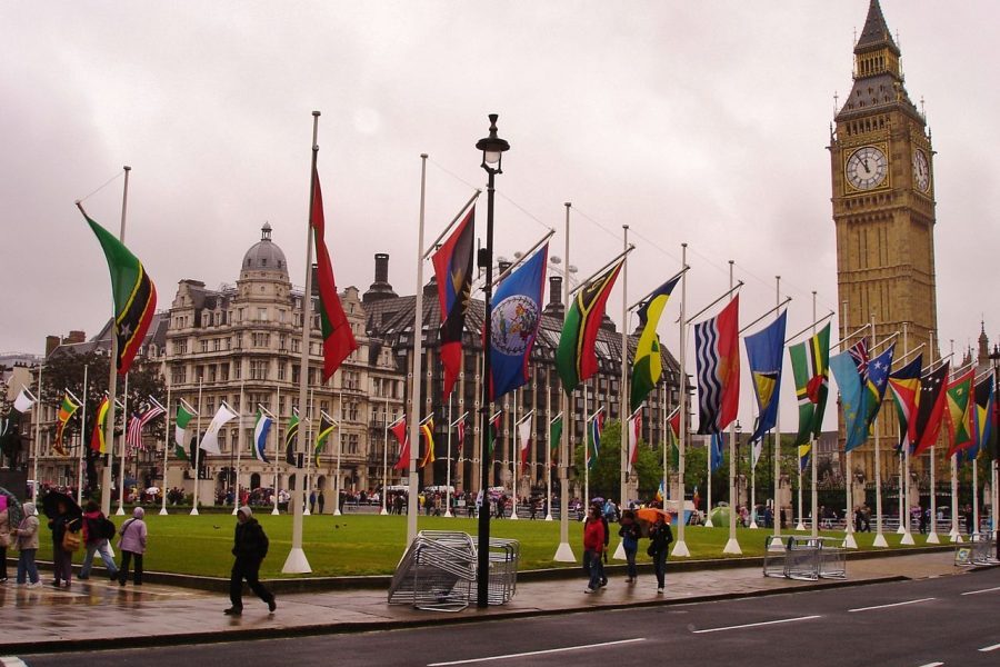 Flags of Commonwealth countries flying outside the Houses of Parliament in London