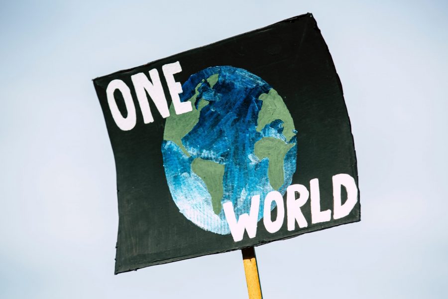 Placard written one world with the map of the globe in between