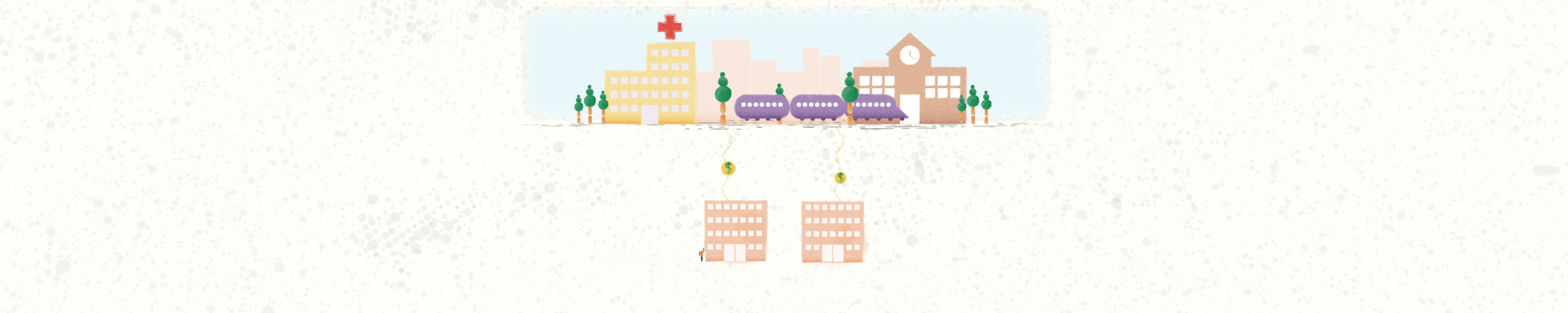 An image showing dollar signs moving from buildings to a hospital, school and transport