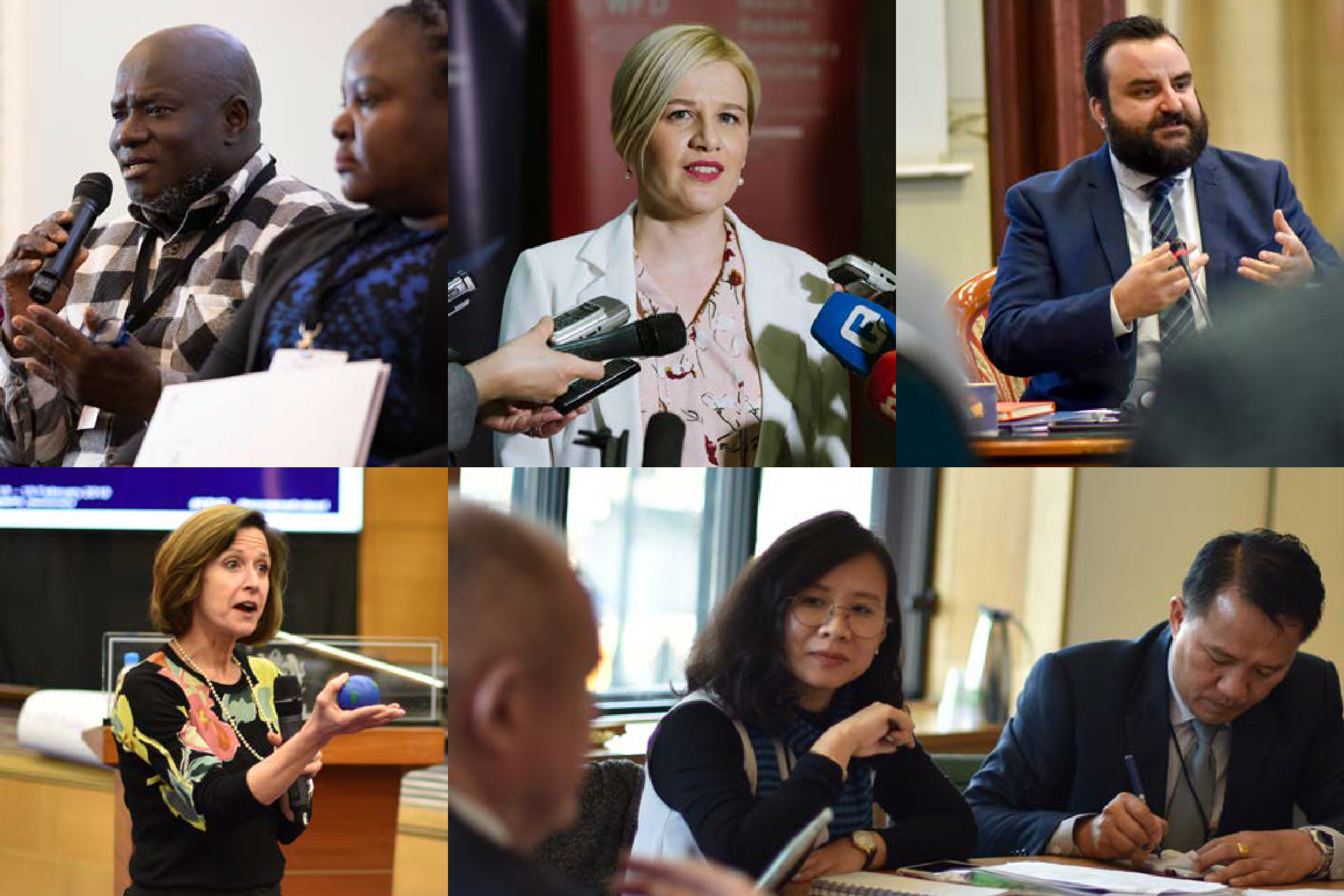 A collage of WFD staff speaking into microphones and presenting at events