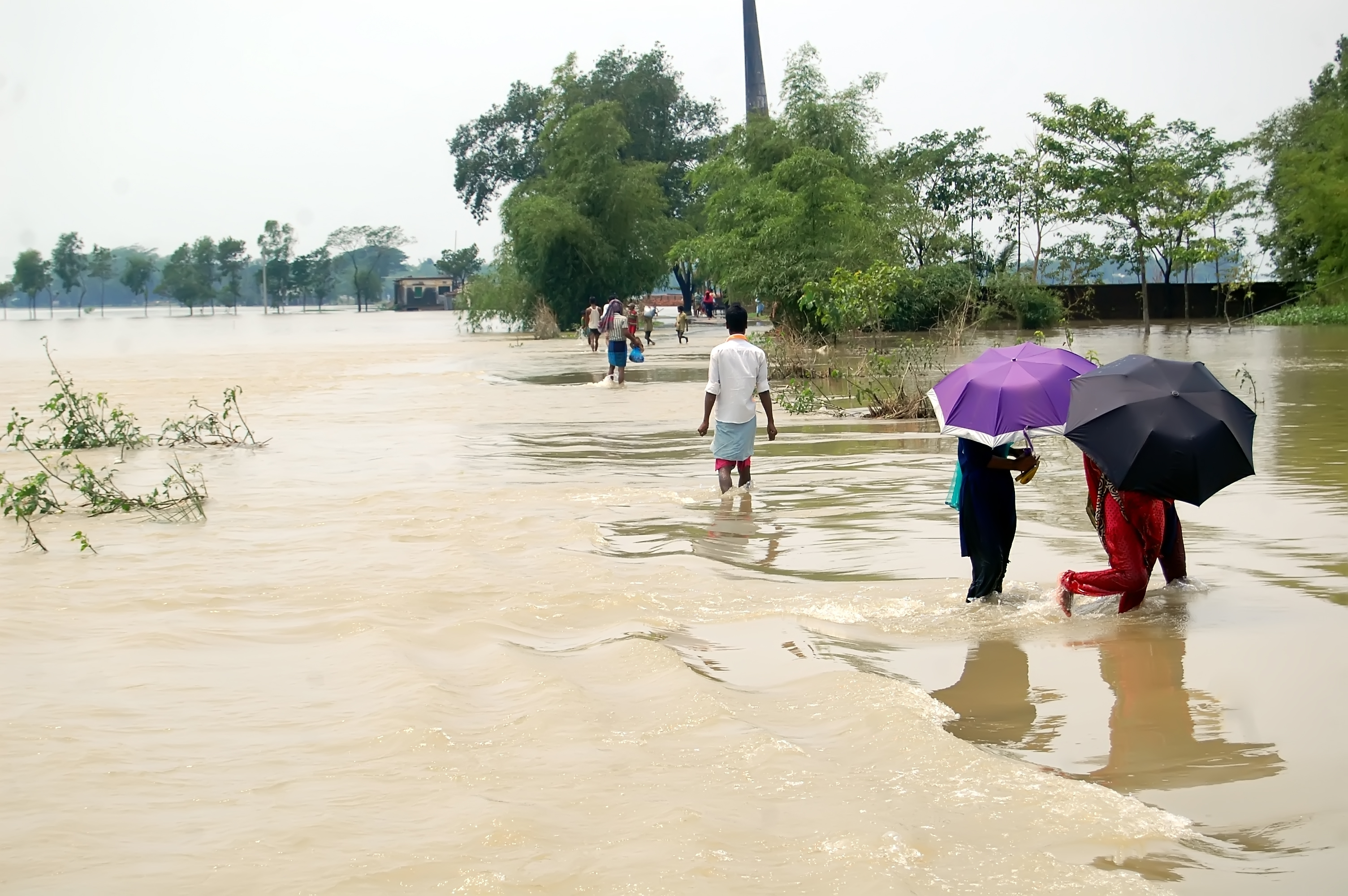People walking through brown flood waters