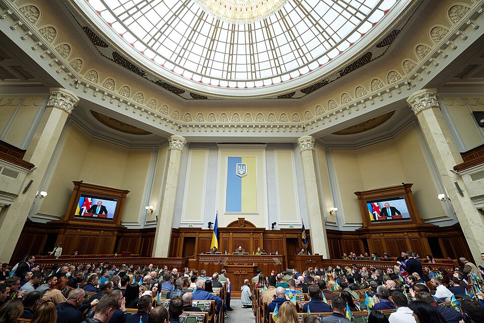 Inside the chamber of the Verkhovna Rada of Ukraine, Ukraine's parliament. MPs sit in front of the President