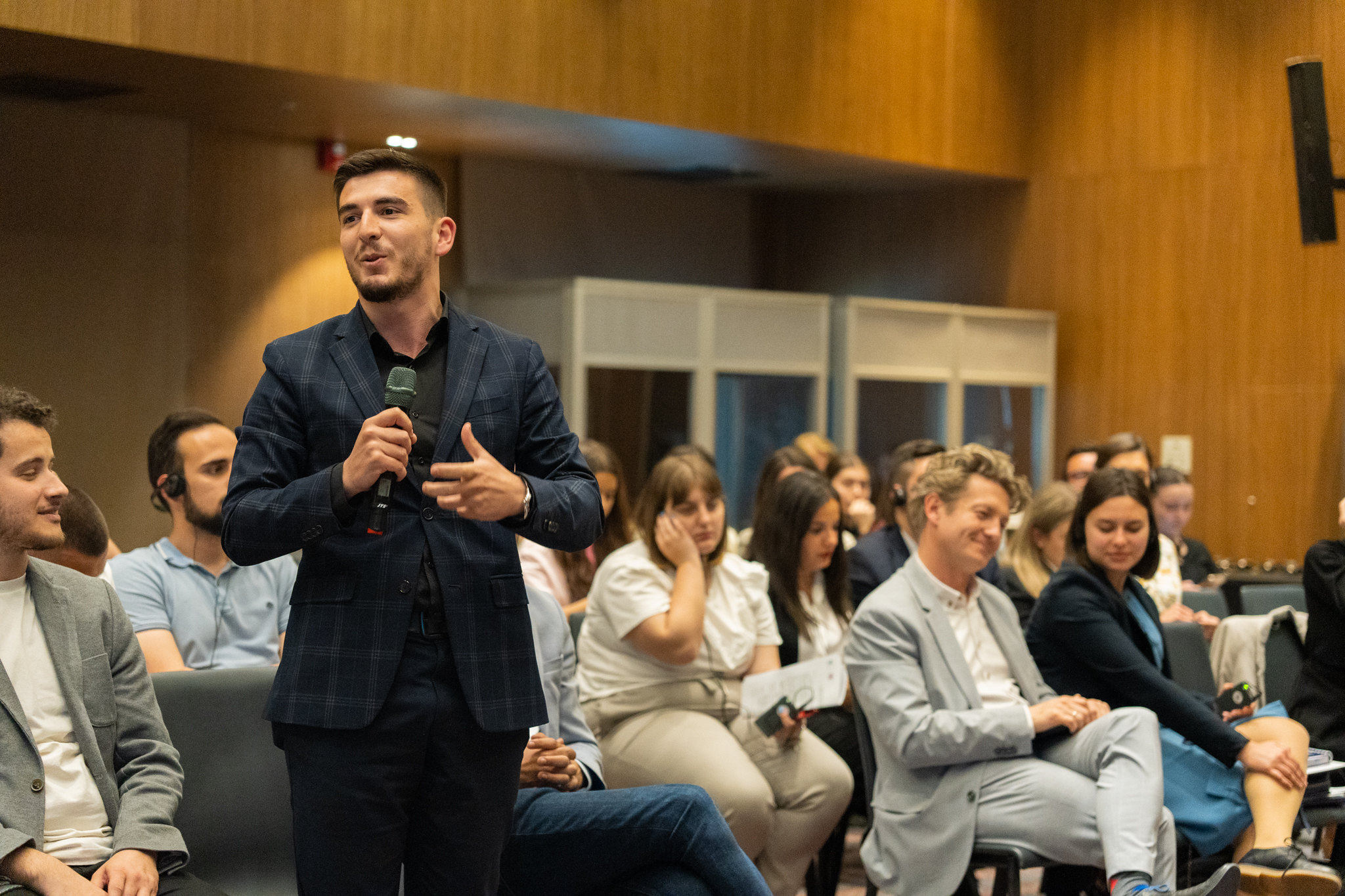 Young man at political debate in North Macedonia