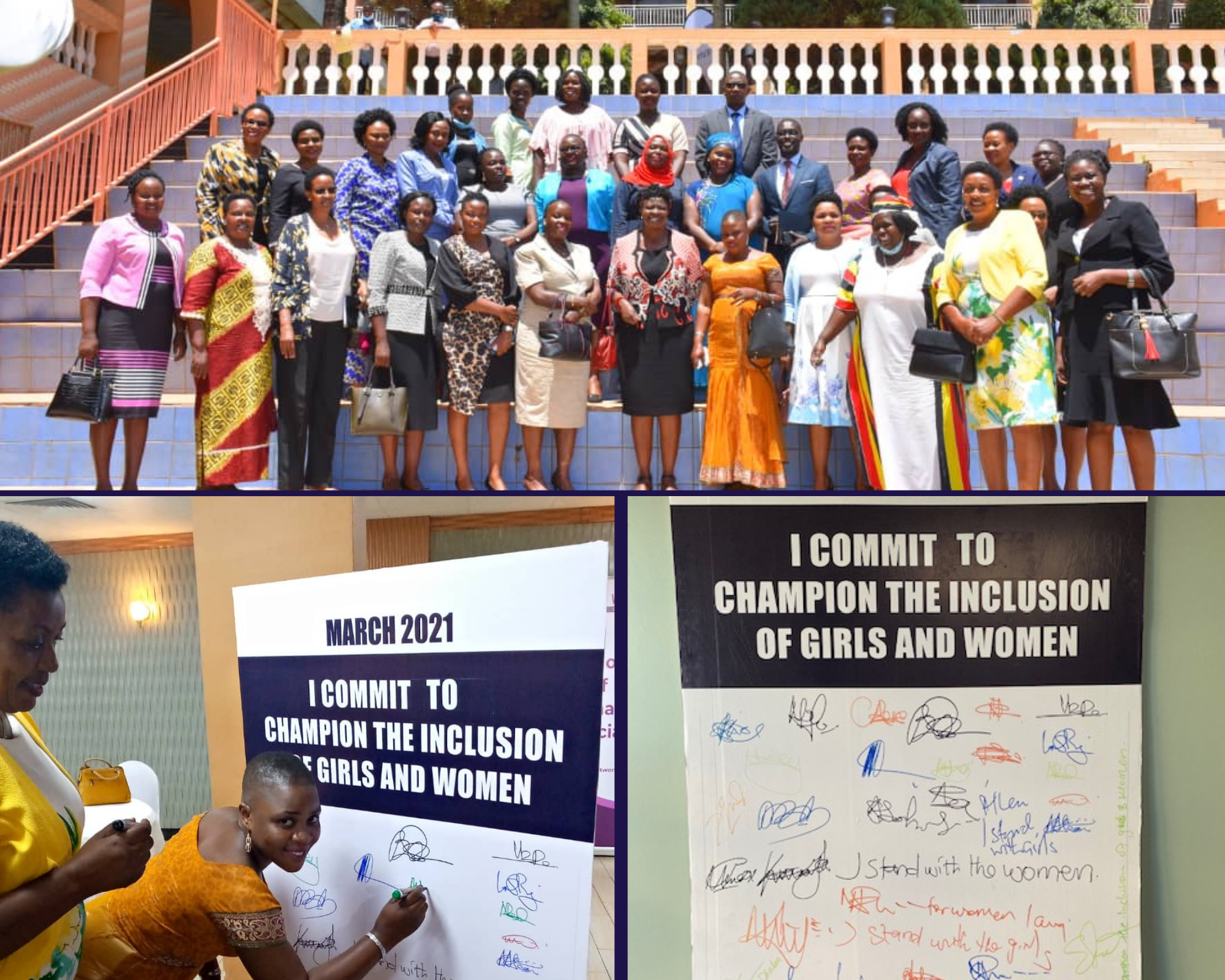 Photo collage of people standing, another signing on a board, and a picture of a standing board