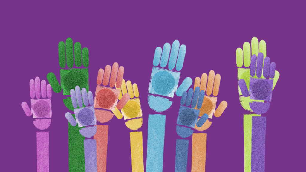 Multi-coloured hands raised in the air on a purple background