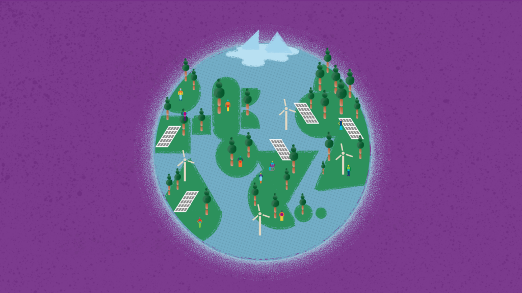 A globe with renewable energy sources and trees on a purple background
