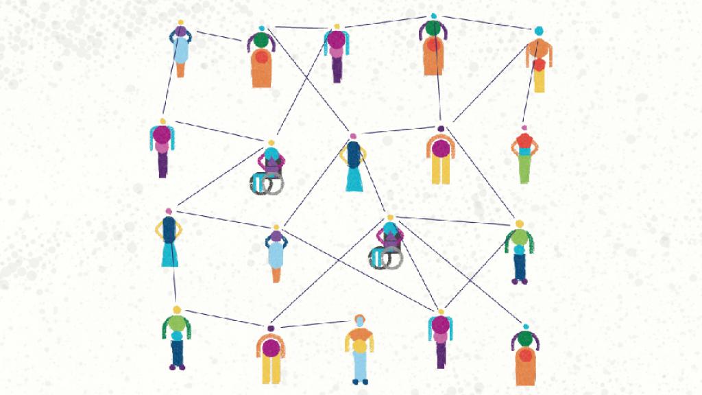 Multicoloured figures connected by lines