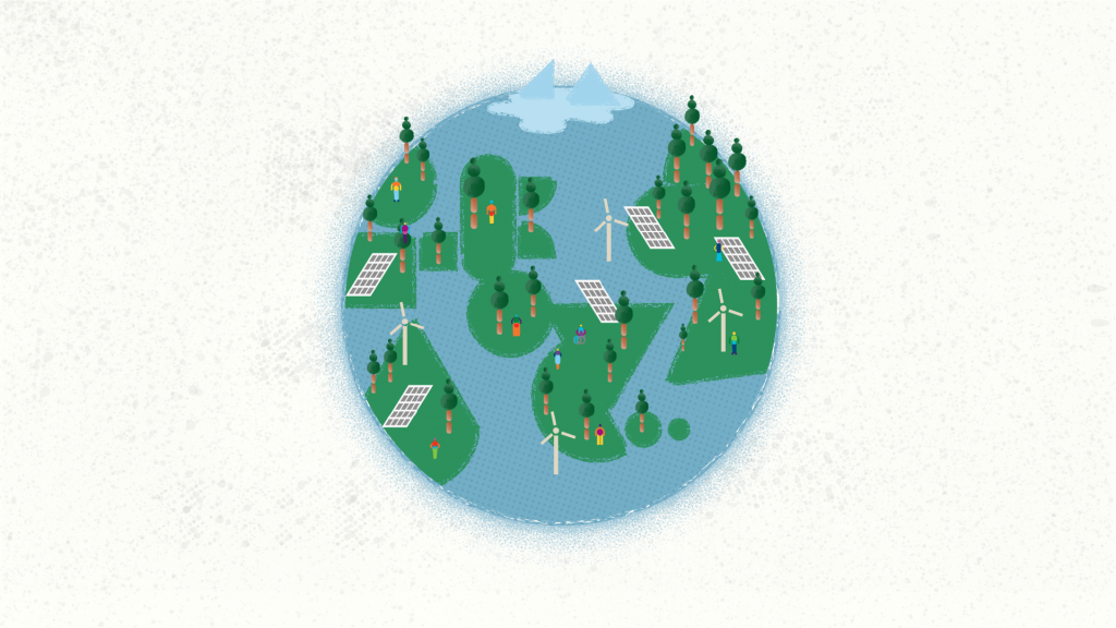 A globe with renewable energy sources and trees