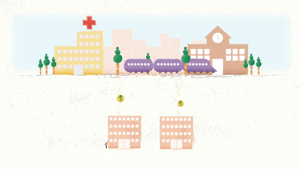 An image showing dollar signs moving from buildings to a hospital, school and transport