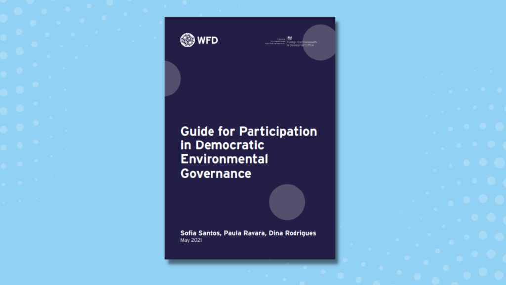 The cover of the Guide for increasing participation in democratic environmental governance on a blue background