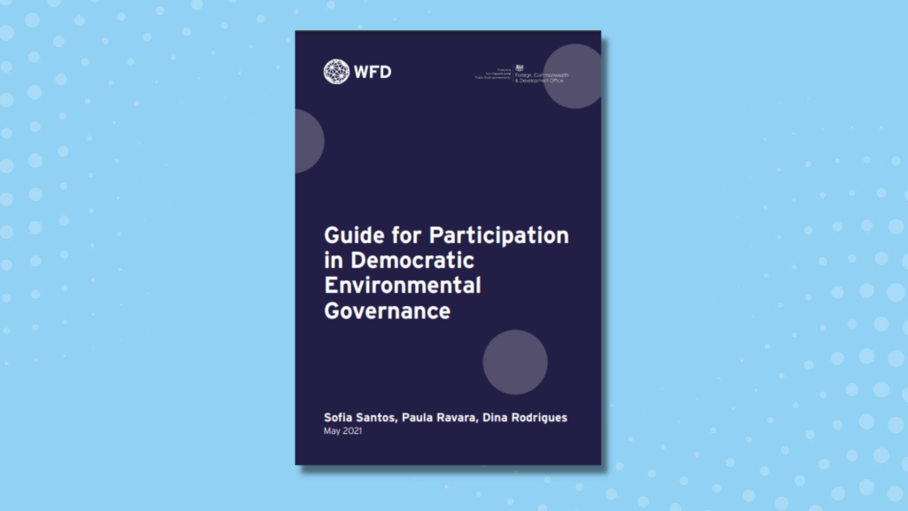 The cover of the Guide for increasing participation in democratic environmental governance on a blue background4