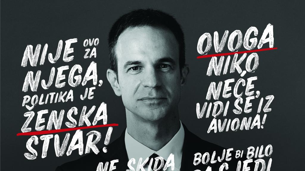 A black and white photo of a man overlaid with words in Montenegrin language