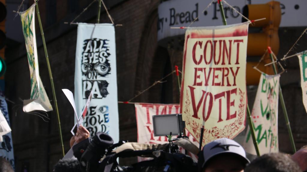 Banners held outside a counting centre during US elections saying 'count every vote'