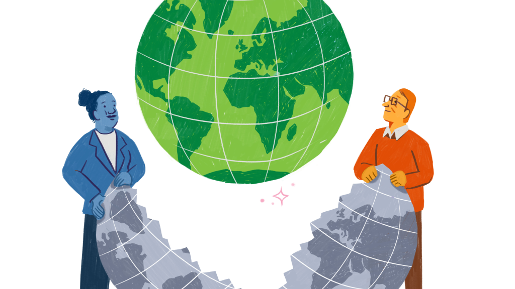 A blue woman and an orange man have pulled a grey wrapping off a globe, which is now bright green and sparkling with multiple colours