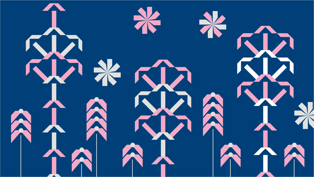 abstract botanical shapes in blue, white and pink