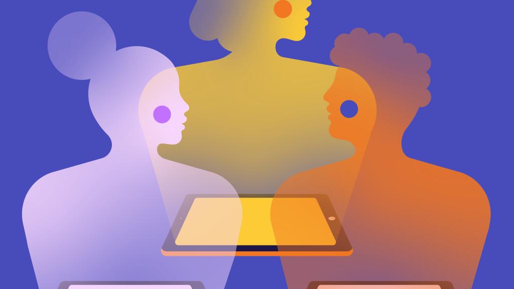 Illustration of people emerging from screens