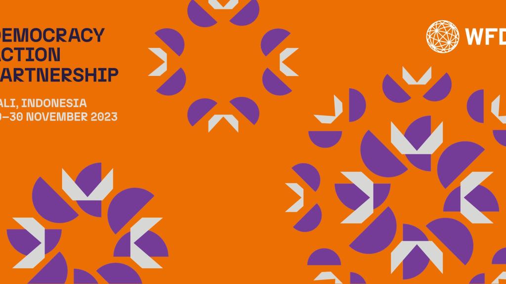 Text saying Democracy action partnership bali indonesia 29-30 November 2023 on an orange background with purple and grey floral shapes