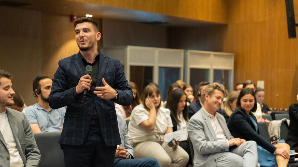 Young man at political debate in North Macedonia