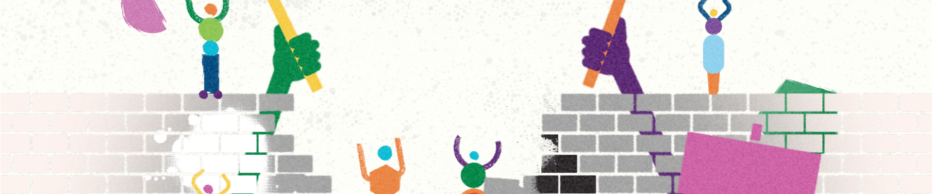 A wall coming down with figures waving placards and cheering