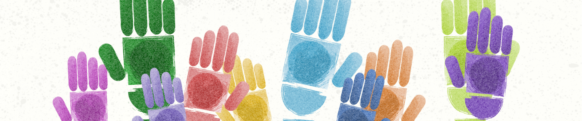 Multi-coloured hands raised in the air