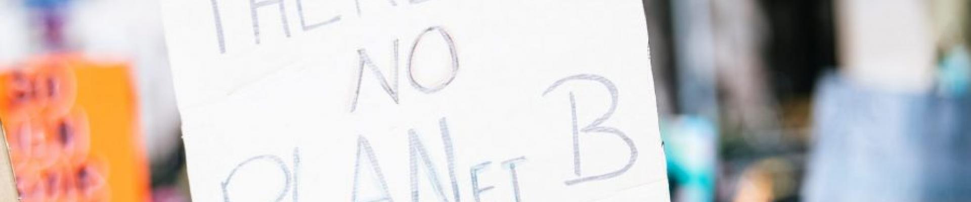 A hand holding a placard written there is no planet B