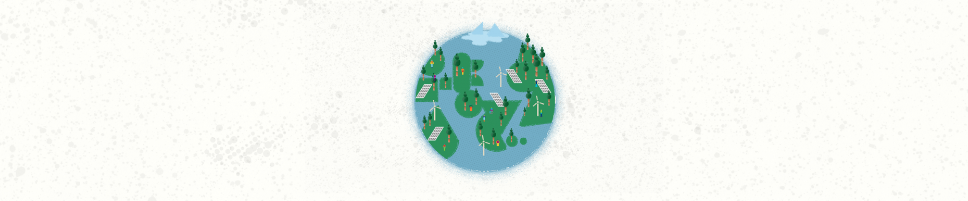 an illustration of a blue and green globe with trees and wind turbines on it