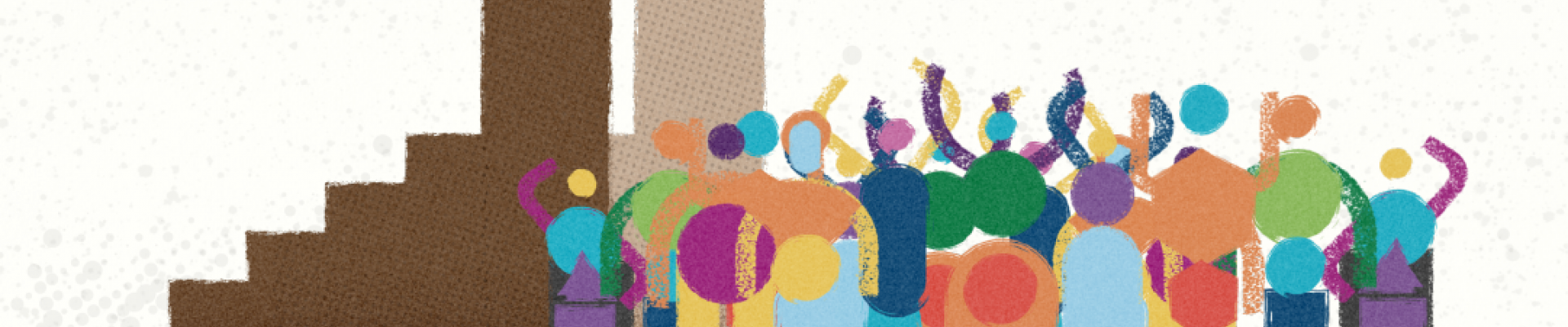 Multi-coloured people cheering in front of two people on podiums