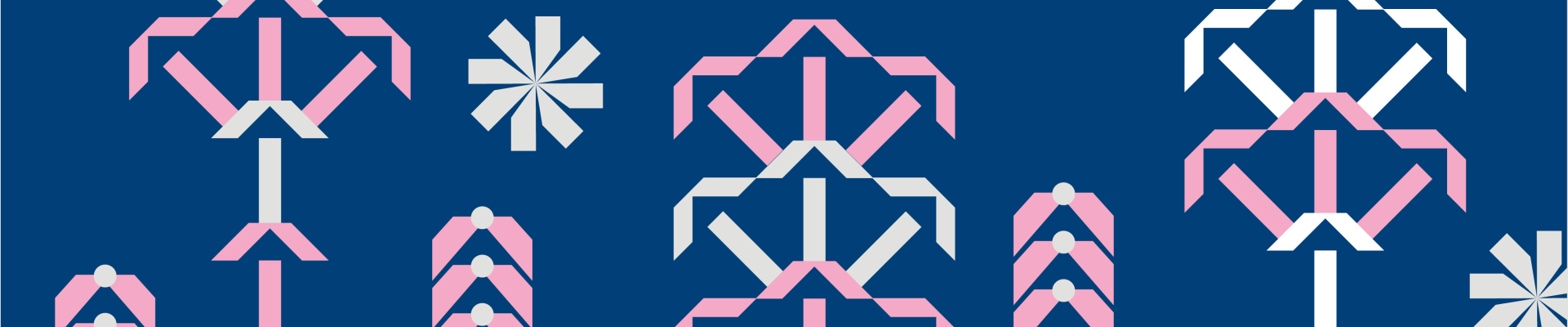 abstract botanical shapes in blue, white and pink