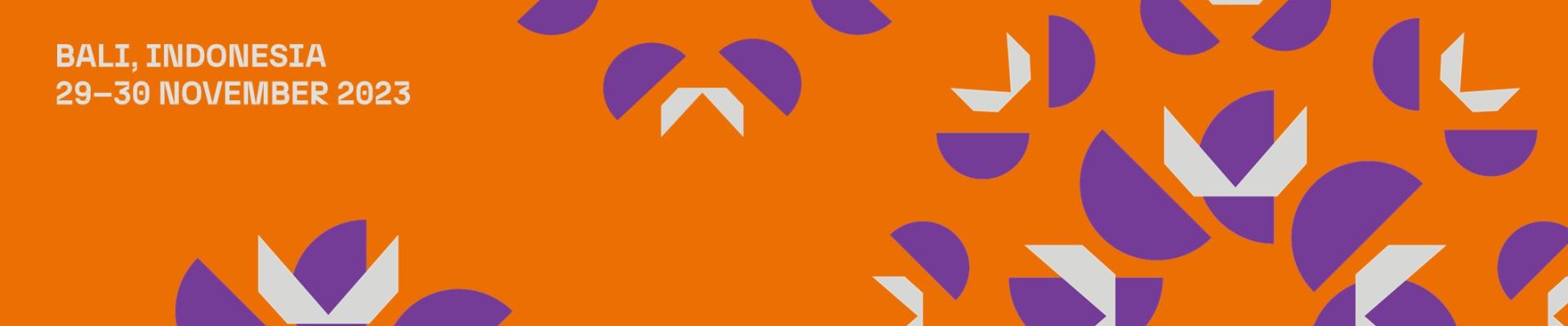 Text saying Democracy action partnership bali indonesia 29-30 November 2023 on an orange background with purple and grey floral shapes