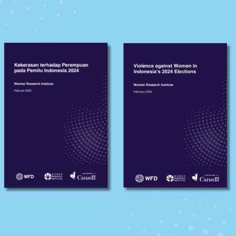 The front cover of the English and the Indonesian versions of the report on violence against women in Indonesia's 2024 elections
