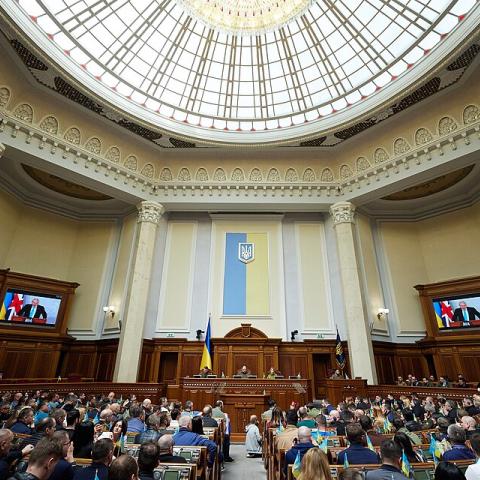 Inside the chamber of the Verkhovna Rada of Ukraine, Ukraine's parliament. MPs sit in front of the President
