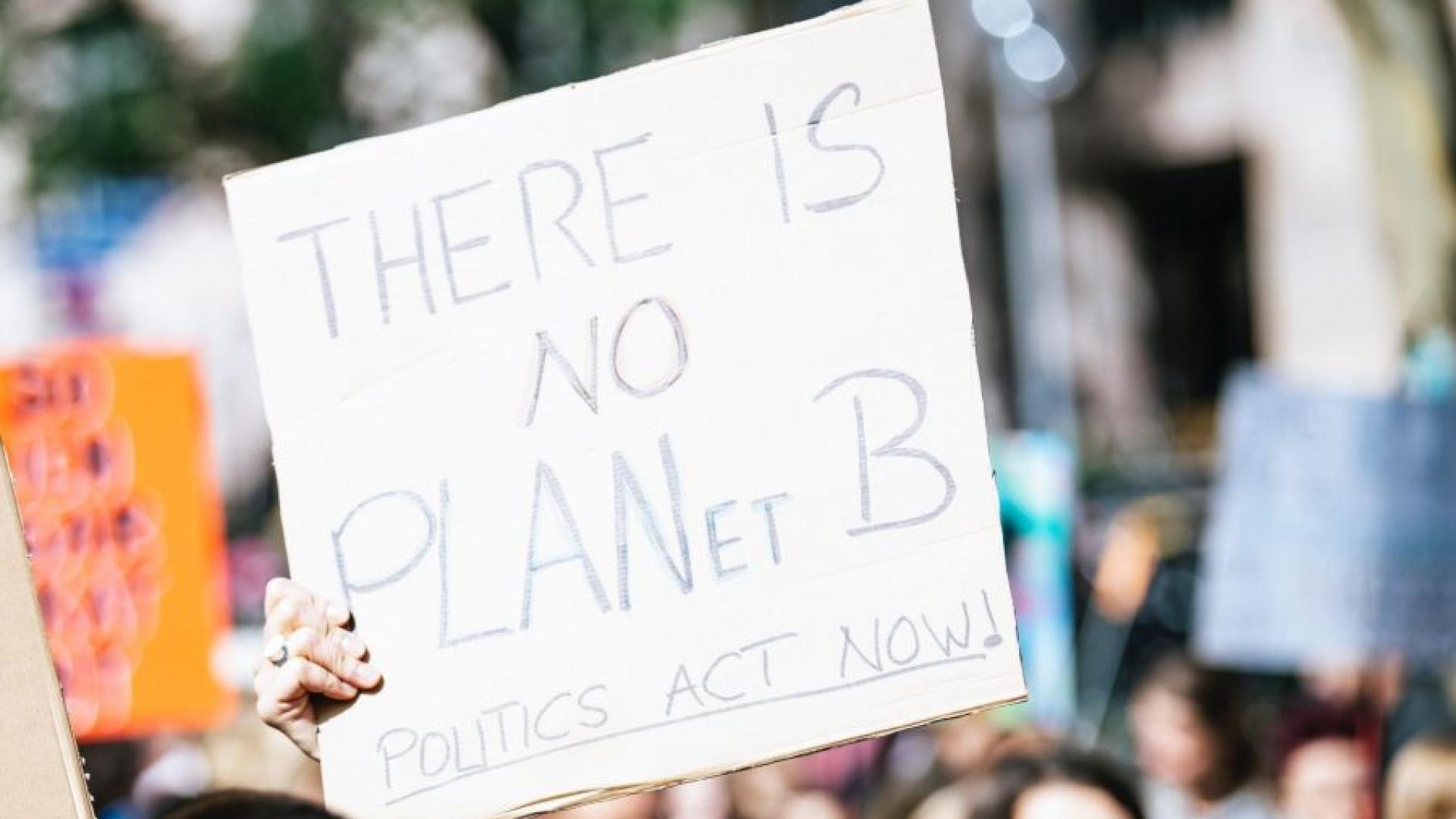 A hand holding a placard written there is no planet B