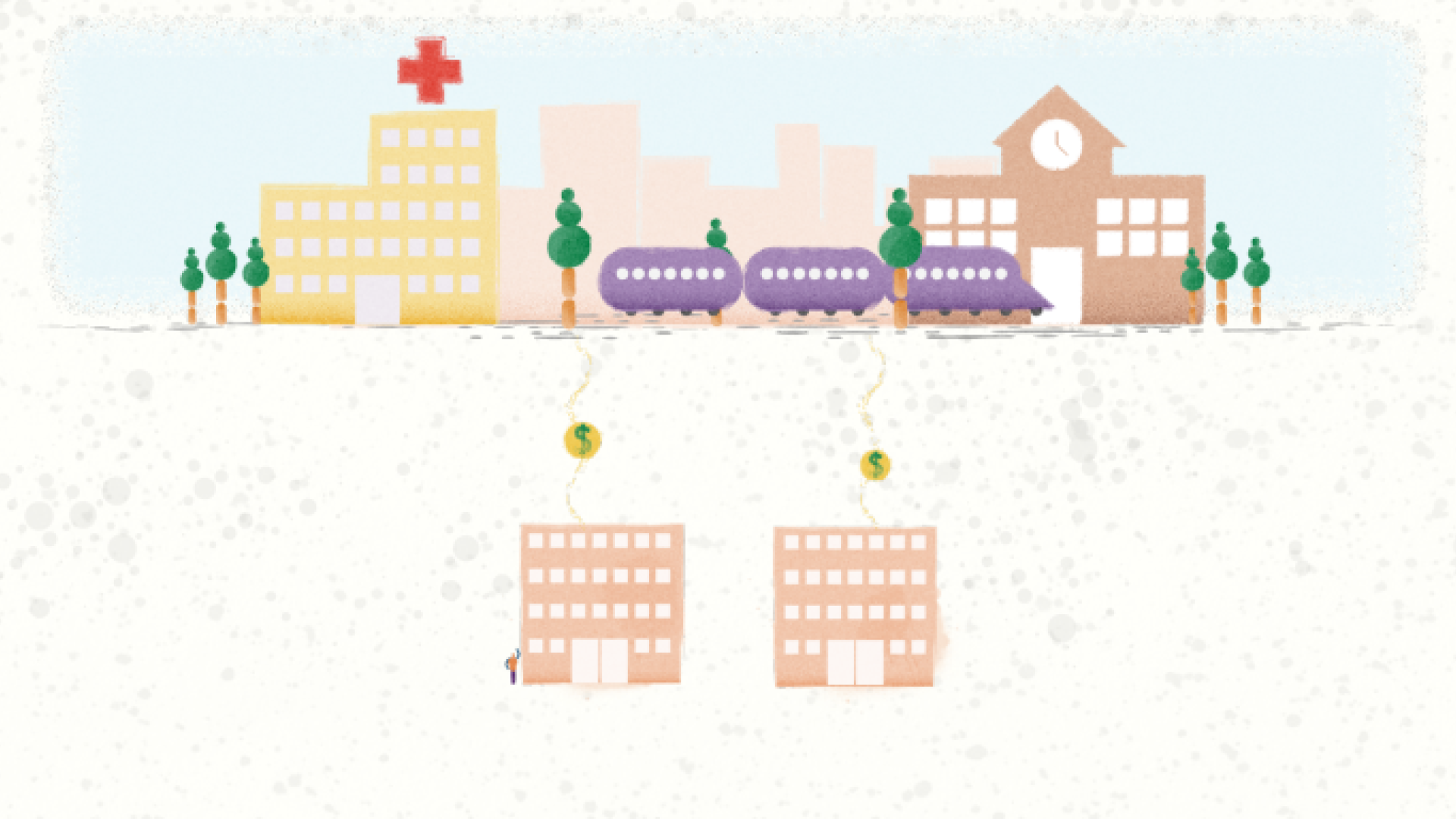 An image showing dollar signs moving from buildings to a hospital, school and transport