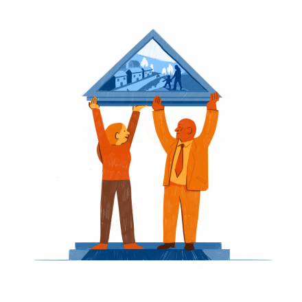 An illustration of a man and a woman holding up a roof which contains a picture of houses, trees and people