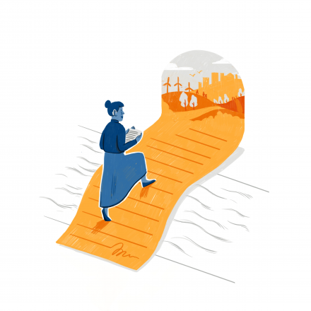 An illustration of a blue woman with a hearing aid carrying a piece of paper crossing water using an orange bridge with lines of text on it. In the distance is an image of a better future with trees and wind turbines