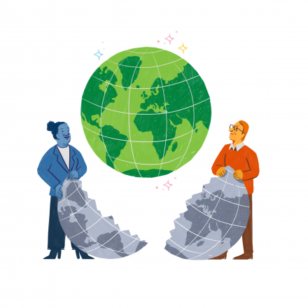 A blue woman and an orange man have pulled a grey wrapping off a globe, which is now bright green and sparkling with multiple colours