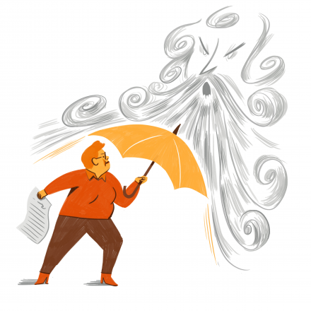 An orange illustration of a woman holding a piece of paper in one hand. In the other she protects herself from a force blowing at her, with a face