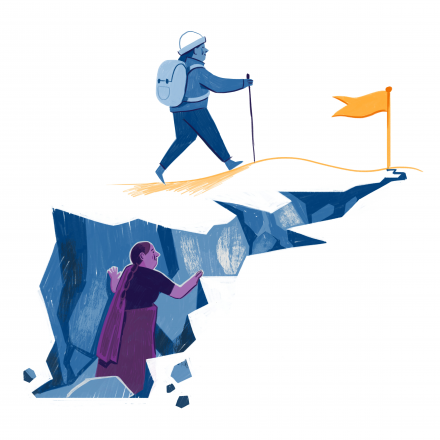 An illustration of two women travelling towards a flag. One carries equipment and is on flat ground. The other doesn't have any equipment and faces a steep and difficult climb through rocks