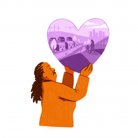 An orange illustration of a woman holding up a purple heart in which there are houses, trees, wind turbines and people
